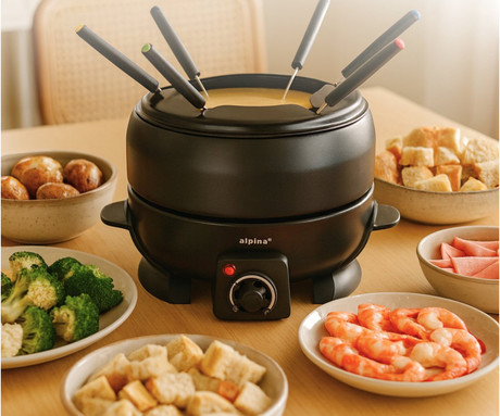 ALPINA komplet za fondue, 800W, 2.3L, električni, 6 vilic, nastavljiva temperatura, premaz proti prijemanju, LED indikator, nerjaveče jeklo, črn ALPINA komplet za fondue, 800W, 2.3L, električni, 6 vilic, nastavljiva temperatura, premaz proti prijemanju, LED indikator, nerjaveče jeklo, črn