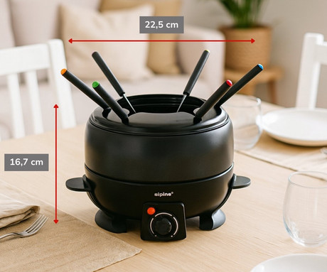 ALPINA komplet za fondue, 800W, 2.3L, električni, 6 vilic, nastavljiva temperatura, premaz proti prijemanju, LED indikator, nerjaveče jeklo, črn ALPINA komplet za fondue, 800W, 2.3L, električni, 6 vilic, nastavljiva temperatura, premaz proti prijemanju, LED indikator, nerjaveče jeklo, črn