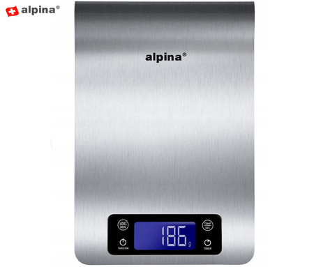 ALPINA digitalna kuhinjska tehtnica, max 5kg, LCD zaslon, funkcija TARA, samodejni vklop / izklop, prikaz temperature, timer / časovnik, nerjaveče jeklo, srebrna