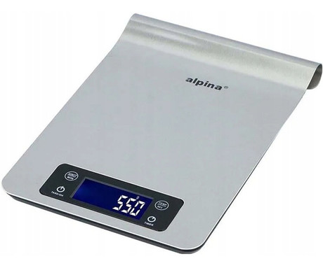 ALPINA digitalna kuhinjska tehtnica, max 5kg, LCD zaslon, funkcija TARA, samodejni vklop / izklop, prikaz temperature, timer / časovnik, nerjaveče jeklo, srebrna