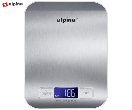 ALPINA digitalna kuhinjska tehtnica, max 5kg, LCD zaslon, funkcija TARA, samodejni vklop / izklop, nerjaveče jeklo, srebrna