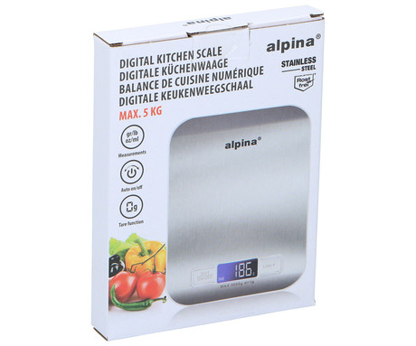 ALPINA digitalna kuhinjska tehtnica, max 5kg, LCD zaslon, funkcija TARA, samodejni vklop / izklop, nerjaveče jeklo, srebrna