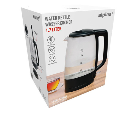 ALPINA KETTLE grelnik vode, 1.7L, 2200W, LED indikator, varnostne zaščite, samodejni izklop, 360° podstavek, črn