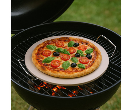 ALPINA BBQ PIZZA kamen za pico, žar, pečica, razporeditev toplote, hrustljavost, kovinski nosilec, kamen, 33cm, bel