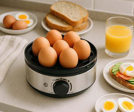 ALPINA EGG COOKER kuhalnik za jajca, 400W, električni, do 7 jajc, 3 stopnje kuhanja, nastavljiv časovnik / timer, snemljiv pladenj, LED indikator, 18x18x15cm, črno srebrn