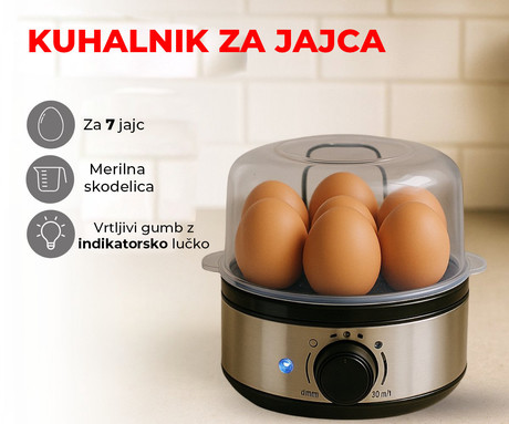 ALPINA EGG COOKER kuhalnik za jajca, 400W, električni, do 7 jajc, 3 stopnje kuhanja, nastavljiv časovnik / timer, snemljiv pladenj, LED indikator, 18x18x15cm, črno srebrn