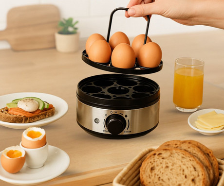 ALPINA EGG COOKER kuhalnik za jajca, 400W, električni, do 7 jajc, 3 stopnje kuhanja, nastavljiv časovnik / timer, snemljiv pladenj, LED indikator, 18x18x15cm, črno srebrn