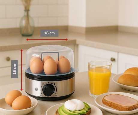 ALPINA EGG COOKER kuhalnik za jajca, 400W, električni, do 7 jajc, 3 stopnje kuhanja, nastavljiv časovnik / timer, snemljiv pladenj, LED indikator, 18x18x15cm, črno srebrn