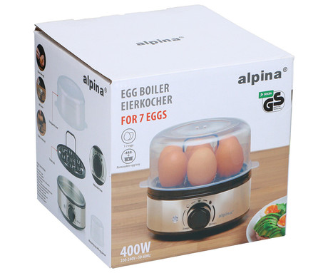 ALPINA EGG COOKER kuhalnik za jajca, 400W, električni, do 7 jajc, 3 stopnje kuhanja, nastavljiv časovnik / timer, snemljiv pladenj, LED indikator, 18x18x15cm, črno srebrn