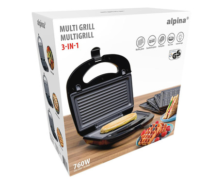ALPINA MULTI GRILL kontaktni žar, 760W, električni, 3x plošča, ročaj z zaklepanjem, premaz proti prijemanju, LED indikator, 24x23.8x8.6cm, črn