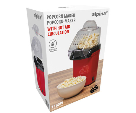 ALPINA POPCORN naprava / aparat za kokice, 1180W, električni, brez olja, priprava v nekaj minutah, kompaktna velikost, enostavna uporaba, 27x19x12cm, črno rdeč