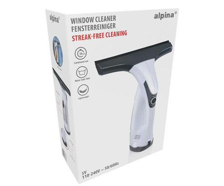 ALPINA WINDOW brezžični čistilec oken, 5V 2000mAh polnilna baterija, rezervoar za vodo, ergonomska oblika, belo-siv