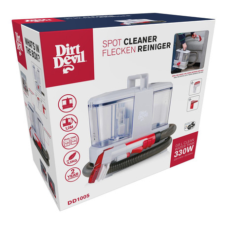 DIRT DEVIL DD1005 globinski čistilec madežev, 330W, 1.8m sesalna cev, 800ml rezervoar za vodo, ultra lahka teža, 2 nastavka, za vse vrste površin / materialov, belo-rdeč