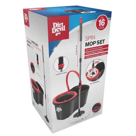 DIRT DEVIL komplet za čiščenje tal / površin, 360° vrtljiva krpa, 16L vedro, ultra lahka teža, trpežna izdelava, enostavno čiščenje, črna, rdeča