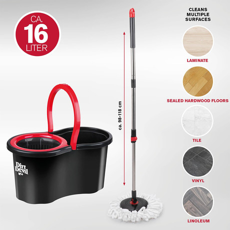 DIRT DEVIL komplet za čiščenje tal / površin, 360° vrtljiva krpa, 16L vedro, ultra lahka teža, trpežna izdelava, enostavno čiščenje, črna, rdeča