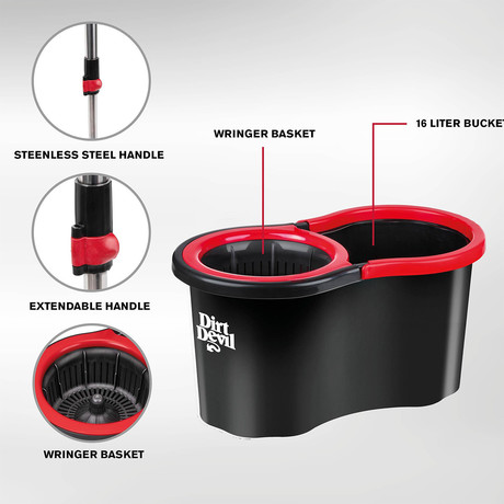 DIRT DEVIL komplet za čiščenje tal / površin, 360° vrtljiva krpa, 16L vedro, ultra lahka teža, trpežna izdelava, enostavno čiščenje, črna, rdeča
