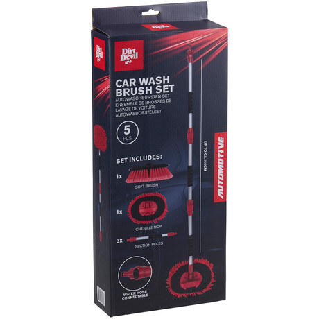 DIRT DEVIL komplet za pranje / čiščenje vozil, 5 kos, ALL IN ONE, 1x mehka krtača, 1x šenilna krpa, 3x držalo, možnost priključitve cevi za vodo, črn, rdeč