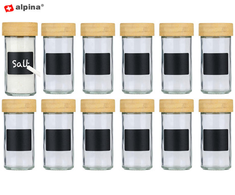 ALPINA komplet kozarcev za začimbe, 12 kos, za vse vrste začimb, steklo, pokrovi iz bambusa, sito vložki za stresanje, etikete za označevanje, kompaktna velikost, +bela kreda