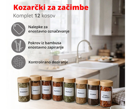 ALPINA komplet kozarcev za začimbe, 12 kos, za vse vrste začimb, steklo, pokrovi iz bambusa, sito vložki za stresanje, etikete za označevanje, kompaktna velikost, +bela kreda