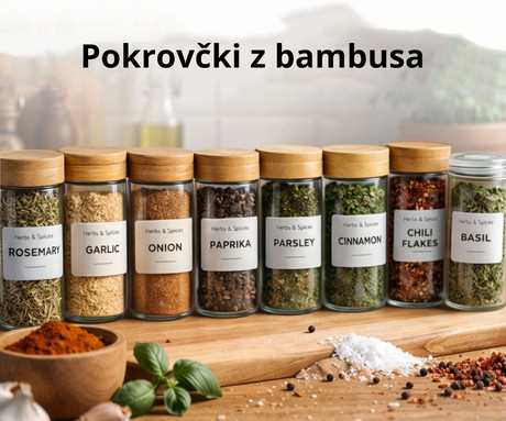 ALPINA komplet kozarcev za začimbe, 12 kos, za vse vrste začimb, steklo, pokrovi iz bambusa, sito vložki za stresanje, etikete za označevanje, kompaktna velikost, +bela kreda