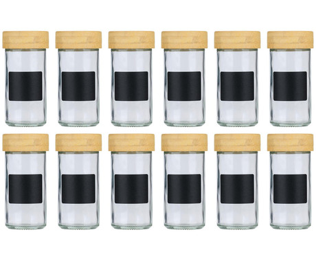 ALPINA komplet kozarcev za začimbe, 12 kos, za vse vrste začimb, steklo, pokrovi iz bambusa, sito vložki za stresanje, etikete za označevanje, kompaktna velikost, +bela kreda