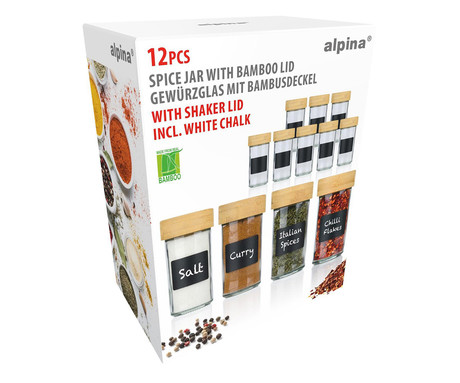 ALPINA komplet kozarcev za začimbe, 12 kos, za vse vrste začimb, steklo, pokrovi iz bambusa, sito vložki za stresanje, etikete za označevanje, kompaktna velikost, +bela kreda