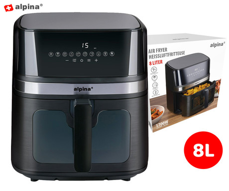 ALPINA XXL cvrtnik / friteza na vroč zrak, 8L prostornina, 1700W moč, LED digitalni zaslon na dotik, nastavljiv časovnik / timer, samodejni izklop, brez olja, 80% manj maščob, črna