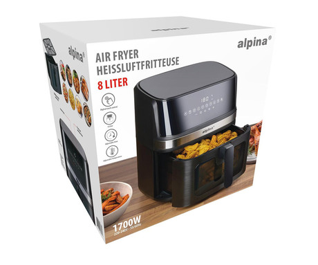 ALPINA XXL cvrtnik / friteza na vroč zrak, 8L prostornina, 1700W moč, LED digitalni zaslon na dotik, nastavljiv časovnik / timer, samodejni izklop, brez olja, 80% manj maščob, črna
