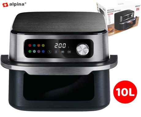 ALPINA XXL cvrtnik / friteza na vroč zrak, 10L prostornina, 1700W moč, LED digitalni zaslon, nastavljiv časovnik / timer, samodejni izklop, brez olja, 80% manj maščob, črna