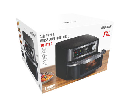 ALPINA XXL cvrtnik / friteza na vroč zrak, 10L prostornina, 1700W moč, LED digitalni zaslon, nastavljiv časovnik / timer, samodejni izklop, brez olja, 80% manj maščob, črna