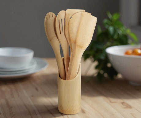 ALPINA komplet kuhinjskih pripomočkov, 6 kos, bambus, +stojalo, lesen