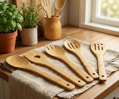 ALPINA komplet kuhinjskih pripomočkov, 6 kos, bambus, +stojalo, lesen