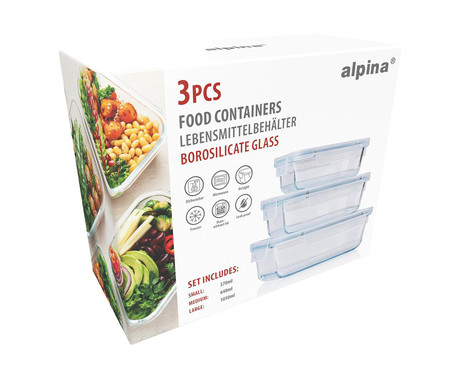 ALPINA komplet posod za shranjevanje živil in hrane, 3x posoda, 1050 / 640 / 370 ml, borosilikatno steklo, visoka odpornost, nepropusten dizajn, primerno za pomivalni stroj / mikrovalovno pečico