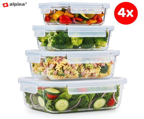 ALPINA komplet posod za shranjevanje živil in hrane, 4x posoda, 1520 / 1050 / 640 / 370ml, borosilikatno steklo, visoka odpornost, nepropusten dizajn, primerno za pomivalni stroj / mikrovalovno pečico