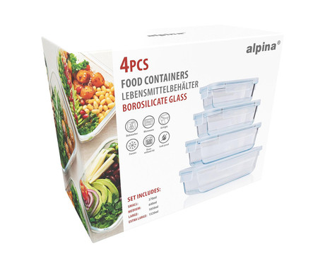 ALPINA komplet posod za shranjevanje živil in hrane, 4x posoda, 1520 / 1050 / 640 / 370ml, borosilikatno steklo, visoka odpornost, nepropusten dizajn, primerno za pomivalni stroj / mikrovalovno pečico