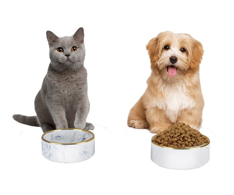 Pet Treatment dvojna posoda s stojalom za mačke, za hrano / vodo, keramika, bambus, 29.5x15x6cm, bela, rjava