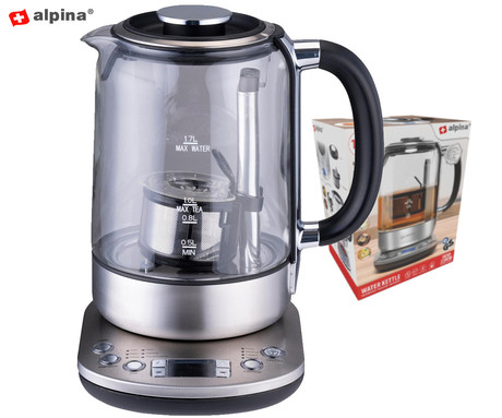 ALPINA KETTLE grelnik vode, 1.7L, 2200W, digitalni zaslon, nastavljiva temperatura, funkcija Keep Warm, varnostne zaščite, samodejni izklop, 360° podstavek, nerjaveče jeklo, +infuzer za čaj, srebrn
