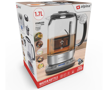 ALPINA KETTLE grelnik vode, 1.7L, 2200W, digitalni zaslon, nastavljiva temperatura, funkcija Keep Warm, varnostne zaščite, samodejni izklop, 360° podstavek, nerjaveče jeklo, +infuzer za čaj, srebrn