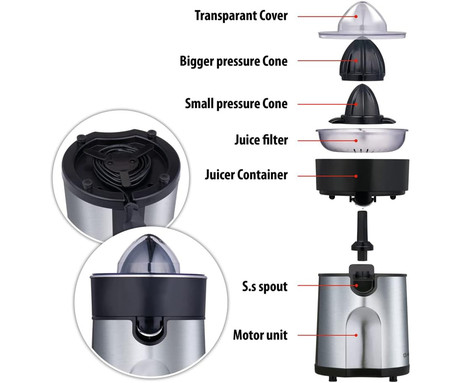ALPINA ožemalnik citrusov / juicer, 85W, 800ml, 2 nastavka, 2 smeri delovanja, črno srebrn