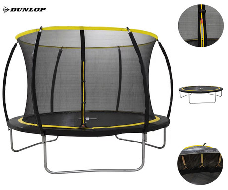 DUNLOP TRAMPOLIN 244cm, premer 2.4m, zaščitna mreža višine 2m, jekleno ogrodje, zaščitene vzmeti, varnostni vhod z zadrgo, stabilne noge U-oblike, za otroke in odrasle, črno-rumen