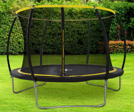 DUNLOP TRAMPOLIN 244cm, premer 2.4m, zaščitna mreža višine 2m, jekleno ogrodje, zaščitene vzmeti, varnostni vhod z zadrgo, stabilne noge U-oblike, za otroke in odrasle, črno-rumen