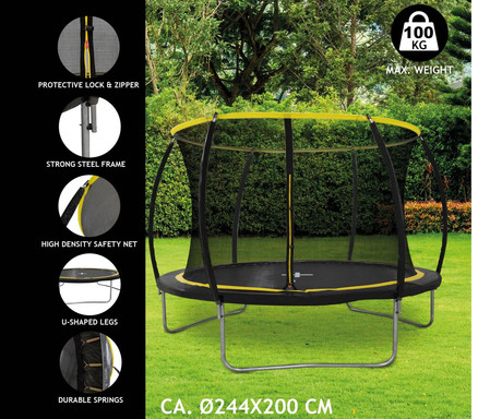 DUNLOP TRAMPOLIN 244cm, premer 2.4m, zaščitna mreža višine 2m, jekleno ogrodje, zaščitene vzmeti, varnostni vhod z zadrgo, stabilne noge U-oblike, za otroke in odrasle, črno-rumen