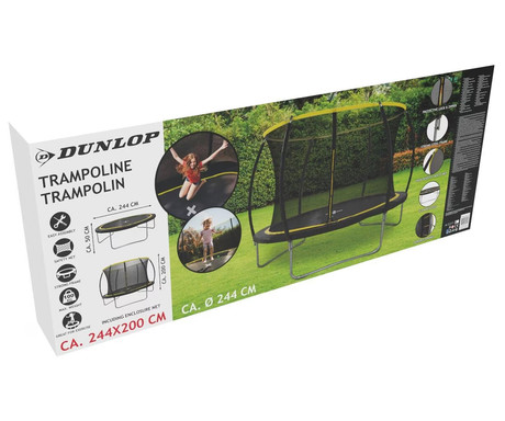 DUNLOP TRAMPOLIN 244cm, premer 2.4m, zaščitna mreža višine 2m, jekleno ogrodje, zaščitene vzmeti, varnostni vhod z zadrgo, stabilne noge U-oblike, za otroke in odrasle, črno-rumen