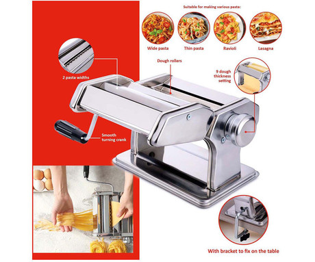 ALPINA PASTA naprava / stroj za testenine, večfunkcijska, ročna, 9 stopenj debeline, 2 stopnji širine, stabilna namestitev, nerjaveče jeklo, 205x202x152mm, srebrna
