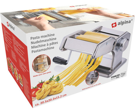 ALPINA PASTA naprava / stroj za testenine, večfunkcijska, ročna, 9 stopenj debeline, 2 stopnji širine, stabilna namestitev, nerjaveče jeklo, 205x202x152mm, srebrna