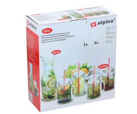 ALPINA komplet širokih steklenih kozarcev za pijače s steklenico, 5 kos, 420ml + 1L