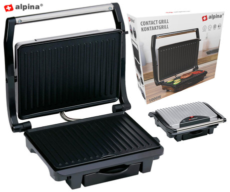ALPINA GRILL kontaktni žar, 1000W, električni, ročaj z zaklepanjem, premaz proti prijemanju, LED indikator, 29.8x25.5x8.6cm, črno-srebrn