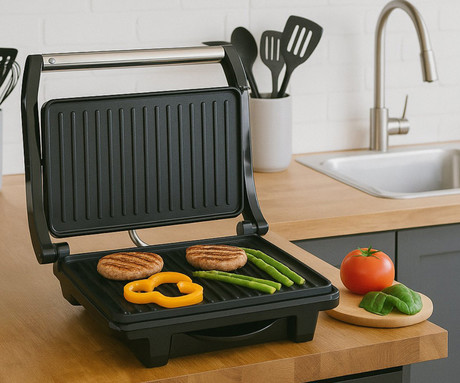 ALPINA GRILL kontaktni žar, 1000W, električni, ročaj z zaklepanjem, premaz proti prijemanju, LED indikator, 29.8x25.5x8.6cm, črno-srebrn