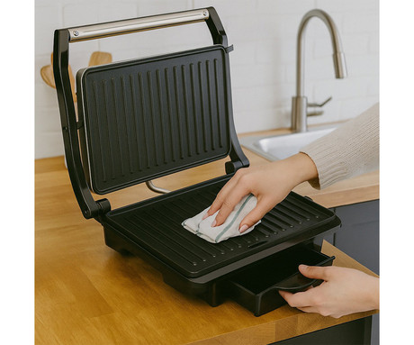 ALPINA GRILL kontaktni žar, 1000W, električni, ročaj z zaklepanjem, premaz proti prijemanju, LED indikator, 29.8x25.5x8.6cm, črno-srebrn