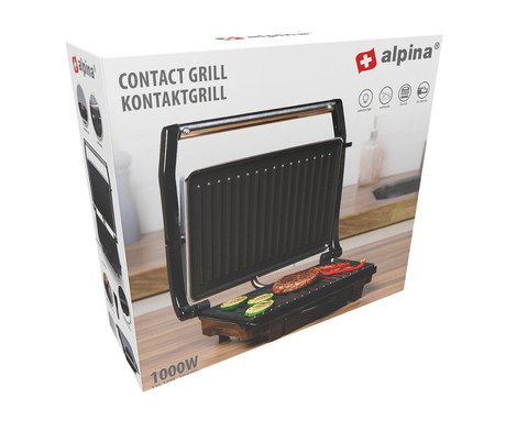 ALPINA GRILL kontaktni žar, 1000W, električni, ročaj z zaklepanjem, premaz proti prijemanju, LED indikator, 29.8x25.5x8.6cm, črno-srebrn